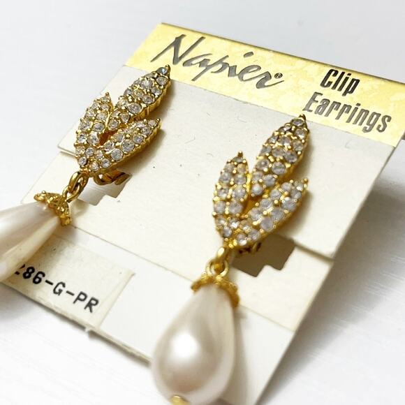 Napier Vintage Pave Crystal & Pearl Drop Clip Earrings - Picture 4 of 6